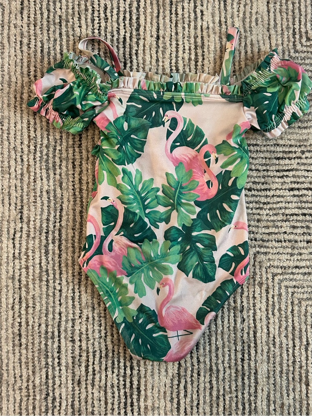 Janie and Jack Swimsuit Pink Green Ruffle-Trim Flamingo Tropical Palm Size 6